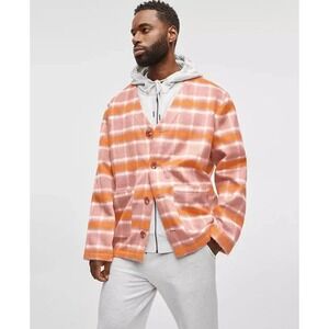 Mode of One Plaid Woven Cardigan V-Neck Button Front Soft Poly Pink Orange Large